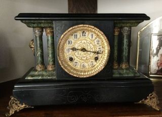 Antique,  4 Column Pendulum Mantle Clock,  W/ Lion Heads; ?waterbury Made