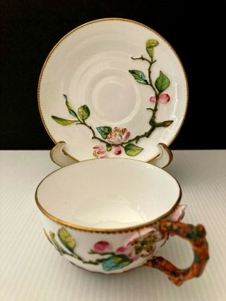 Rare Antique Ejd Bodley Pink Relief Flowers On White Tea Cup & Saucer C.  1876
