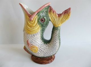 Antique Leaping Fish Pitcher Vase Jug Majolica Italy Art Pottery Ceramic