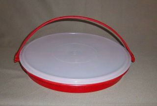 Vintage Tupperware Red 12 " Round Party Susan Divided Tray 405 With Lid & Handle