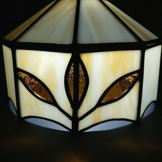 Antique Glass Shade Tiffany Style Slag Leaded Stained Hanging Lamp Amber Vintage