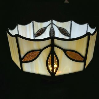 Antique Glass Shade Tiffany Style Slag Leaded Stained Hanging Lamp Amber Vintage 2