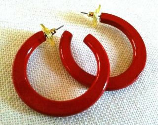 Vintage Big Red Enamel On Metal Skinny Hoop Pierced Earrings