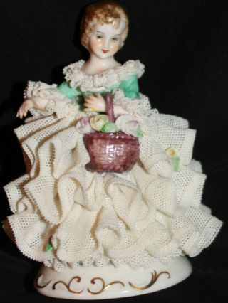 Ireland Dresden Lace Mz W/crown Lady W/flower Basket Porcelain Figurine Vintage