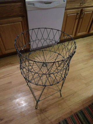Vtg Allied Products Metal Wire Collapsible Folding Laundry Basket Antique Cart