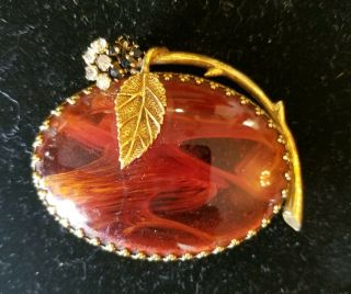 Vintage Jeanne Amber Glass Victorian Style Brooch Pin - Clear And Black Rhinesto