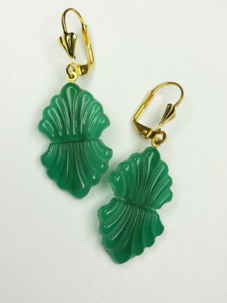 Vintage Art Deco Jade Green Glass Fans Gold Brass Earrings