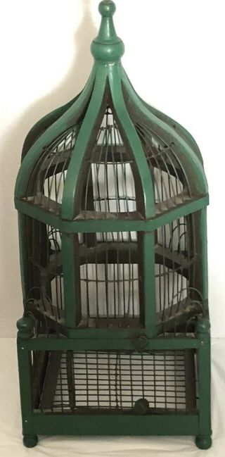 Vintage Antique Bird Cage Wood Wire Dome Cathedral 22 ”tall Green Decorative