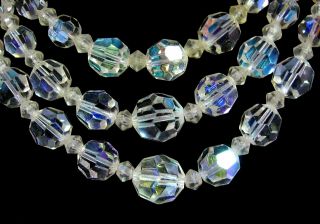 Triple 3 Strand Aurora Borealis Crystal Bead Necklace Vintage Ab Glass 16 " - 19 "