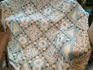 Vintage Quilt Appliqued In Blue And Brown With Sawtooth Hem By Bouquet 96 By 116