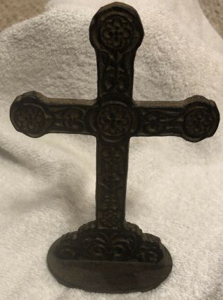 Vintage Cast Iron Cross On Pedestal 6.  25” X 4” Rustic Decor Standing