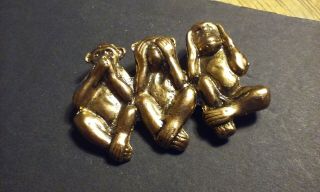 Vintage Brooch Brass Pin 3 Wise Monkeys Hear No Evil,  See No Evil,  Speak No Evil