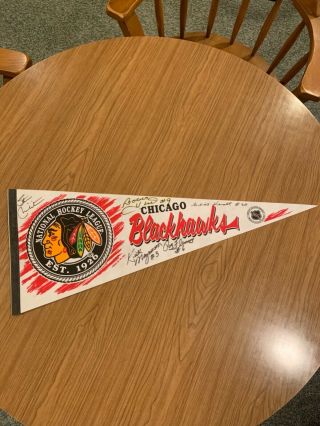 Chicago Blackhawks Full Size Pennant Autographed - Mikitia,  Hull,  Magnuson