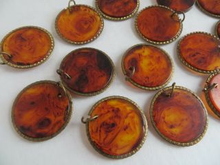 13 Flat Faux Amber 1 1/8 " Discs With Brass Ring Vintage