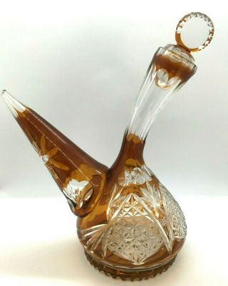 Antique Vintage Bohemian AMBER Crystal Cut to Clear PORRON Wine Decanter 2
