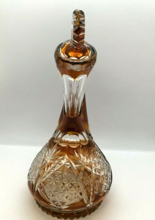 Antique Vintage Bohemian AMBER Crystal Cut to Clear PORRON Wine Decanter 3