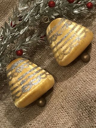 Vtg Set Of 2 Bell Shaped Yellow Satin Sheen Silver Glitter Christmas Ornaments