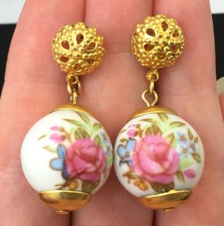 Vintage Dangling Earrings Rose Floral Flower Beads Gold Tone Pierced Ears