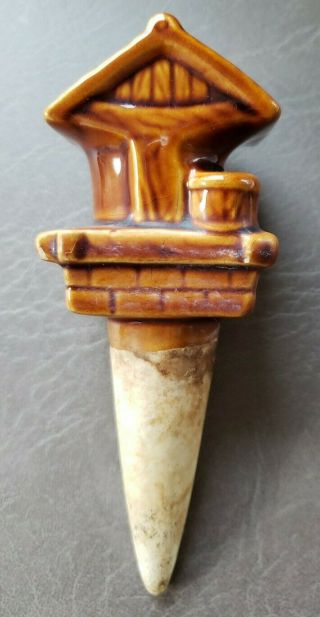 Vtg Ceramic Plant Watering Spike Vacation Waterer Brown Glazed Wishing Well