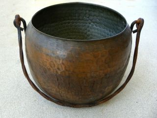 Antique Hammered Solid Copper Pot W/ Wrought Iron Twisted Handle,  Vintage