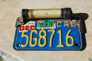 Vintage California Motorcycle License Plate Blue Yellow With Partial Frame