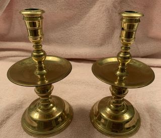 Pair Vtg Brass Virginia Metalcrafters Candlestick Holders W/drip Trays 8.  5”