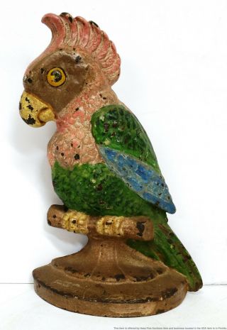Antique Cast Iron Painted Doorstop Parrot On Roost 180