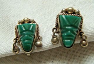 Vintage Mexico Alpaca Silver & Jade Earrings Aztec Design