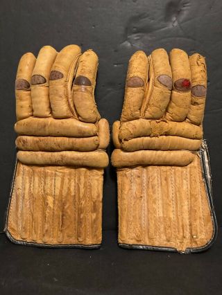 Antique Vintage Leather Hockey Gloves Diamond Knuckles Reeded Wrist 1930 - 40 