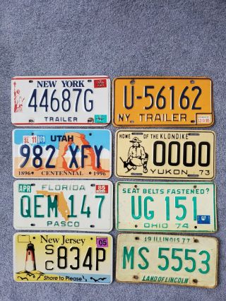 License Plates.  Mixed Set Of 8.  Nj,  Il,  Fl,  Ut,  Oh,  Ny,  Yukon Sample,  Slogans
