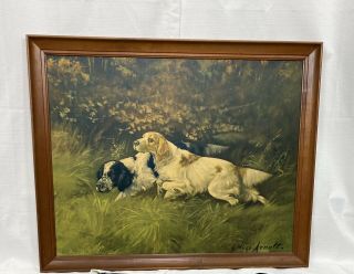 Vintage G.  Muss Arnolt Hunting Dogs Lithograph On Canvas 30” X 24”