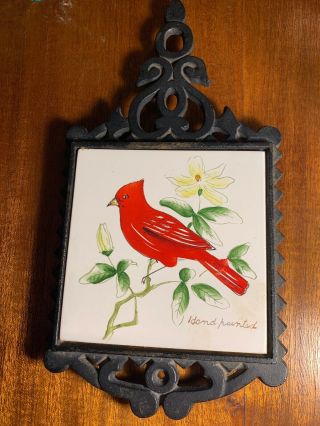 Vintage Cast Iron Trivet With Hand Painted Tile Cardinal Red Bird Flower Japan