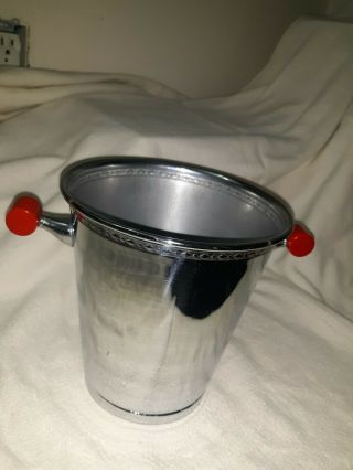 Vintage Art Deco Chrome With Red Bakelite Handle Champagne Ice Bucket W/base