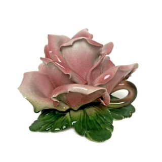 Vtg Italian Ceramic Pink Rose Flower Candlestick Candle Holder Made In Italy