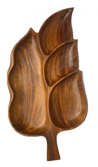 Hand - Crafted Vintage Monkey - Pod Wood Mid Century Modern Leaf Divided Dish Tray