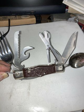 Vintage Pocket Knife Camping Survival Spoon Fork Scissor Saw Multi - Tool Japan