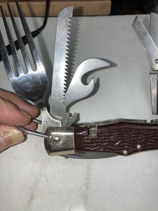 Vintage Pocket Knife Camping Survival Spoon Fork Scissor Saw Multi - Tool Japan 2