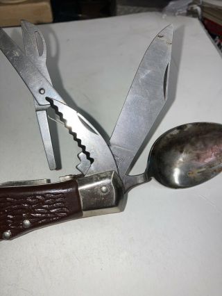 Vintage Pocket Knife Camping Survival Spoon Fork Scissor Saw Multi - Tool Japan 3
