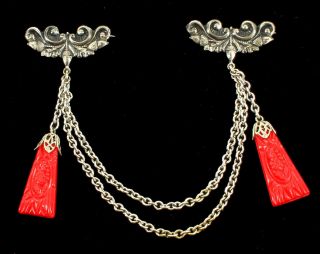 Antique Deco Czech Silver Plate And Red Glass Carved Drops Chain Swag Pin Set 5 "