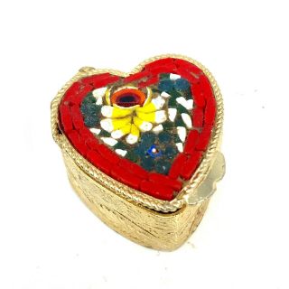 Vintage Micro Mosaic Red Floral Heart Shape Trinket Box Valentine ' s Day Heart 2