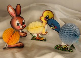 Vtg Beistle Easter Honeycomb Rabbit Bunny Chick And Blue Bird Decorations