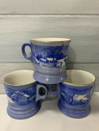 3 Currier And Ives Coffee Mugs Cups Homestead Winter Series Blue & White Vintage