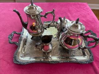 Wm Rogers & Silver Coffee Tea Set 5 Piece Set With Heavy Decorated Tray - Vintage