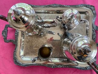 Wm Rogers & Silver Coffee Tea Set 5 Piece Set With Heavy Decorated Tray - Vintage 2