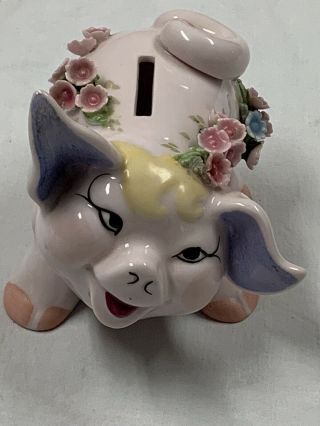 Vintage Lefton Pink Ceramic Piggy Bank With Applied Flowers 5 "