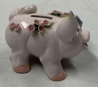 Vintage LEFTON Pink Ceramic Piggy Bank With Applied Flowers 5 