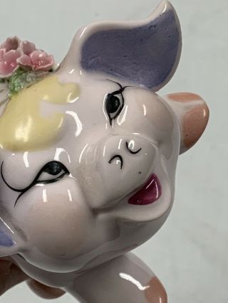 Vintage LEFTON Pink Ceramic Piggy Bank With Applied Flowers 5 