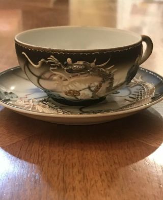 Vintage Dragon Ware Moriage Cup And Saucer - Black Trim - Blue Eyed Dragon