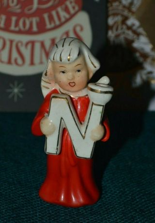 Vintage (50s) Christmas Relco Angel Letter N Figurine Candle Holder 3.  5 " Red