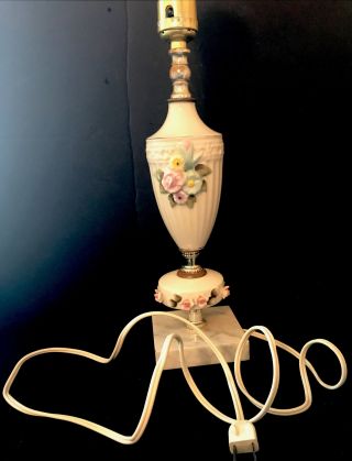 Vintage Marble Base Ceramic Porcelain Rose Art Boudoir Bedroom Lamp 14”